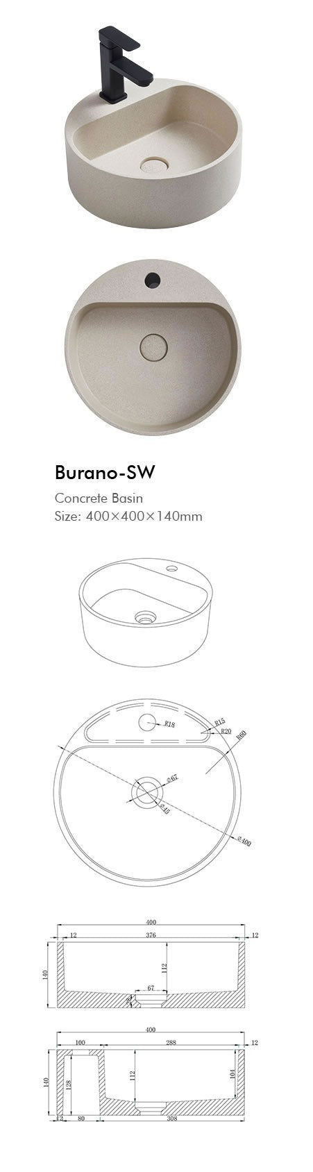 BURANO Round Concrete Basin- 5 Color's Available