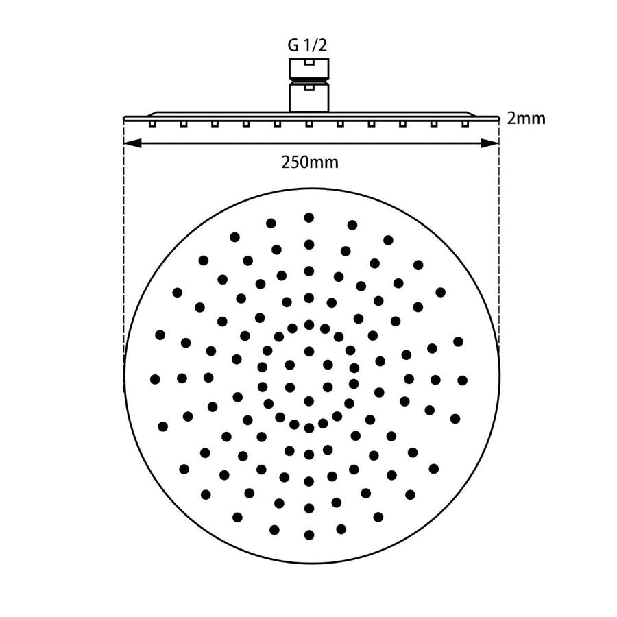 Super-slim Round Black Rainfall Shower Head 250mm 