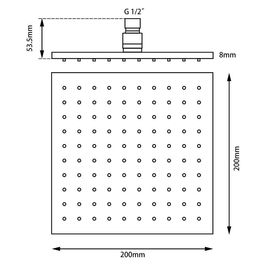 Square Chrome Rainfall Brass Shower Head 200mm 