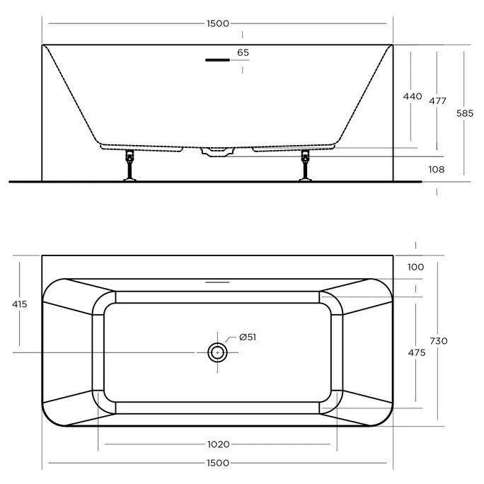 LUNUS Back To Wall Overflow Bath Tub -  Available in 2 Sizes