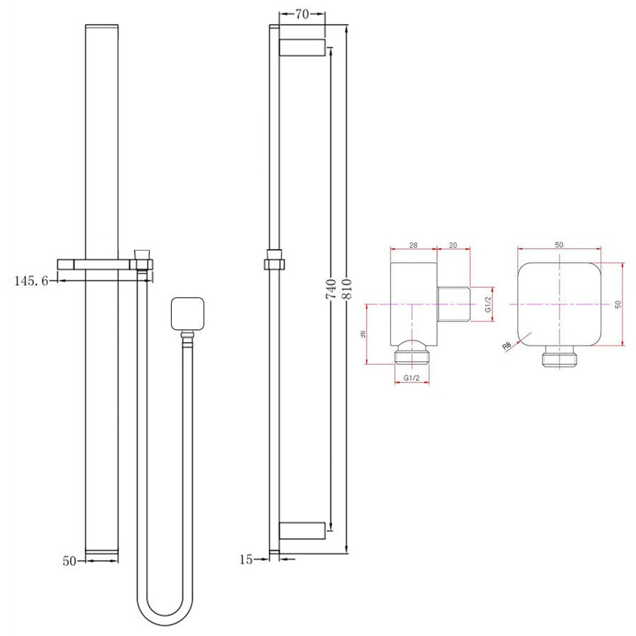 Square Chrome or Matte Black Sliding Shower Rail without Handheld Shower